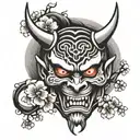 Japanese demon mask with sakura flowers tattoo design idea