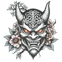 Japanese demon mask with sakura flowers tattoo design idea