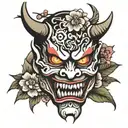 Japanese demon mask with sakura flowers tattoo design idea