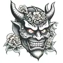 Japanese demon mask with sakura flowers tattoo design idea