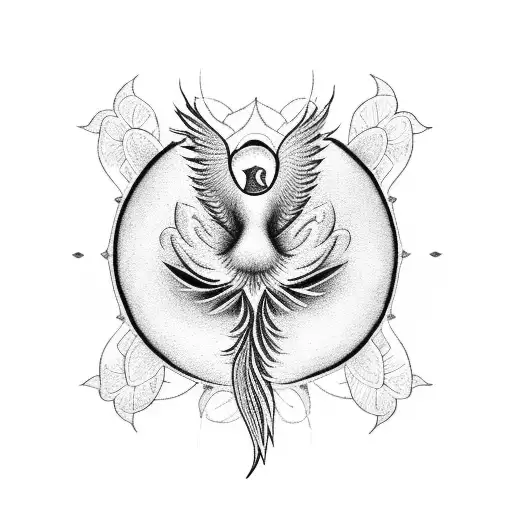 A phoenix emerging from a lotus flower, symbolizing rebirth and transformation, in dotwork style tattoo design idea