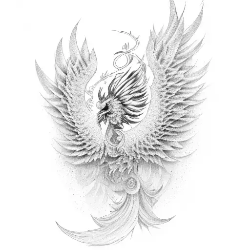 A fusion of traditional Italian danza and Japanese cherry blossom branch with a phoenix rising from the ashes, in dotwork style tattoo design idea