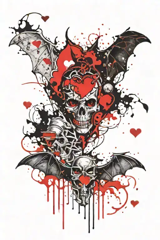 Bat with his skeleton exposed heart seen and with hearts tattoo design idea