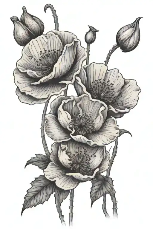 three poppy flowers with one rose and one eastern lily with long stems on all flowers  tattoo design idea