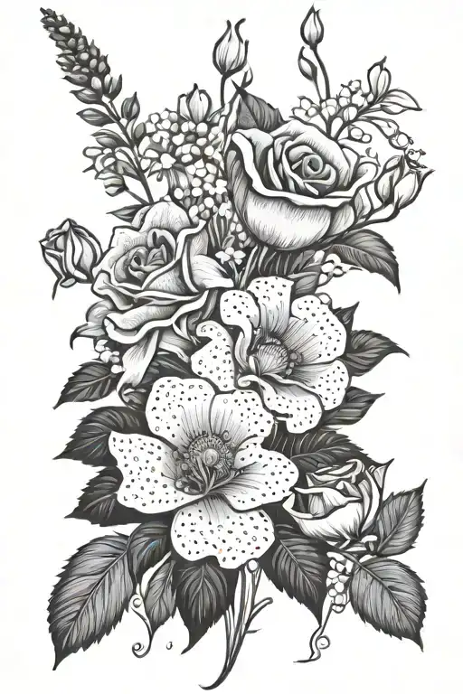 bundle of tall flowers with long stems that has three poppy flowers, one rose, and one lily of the valley  tattoo design idea