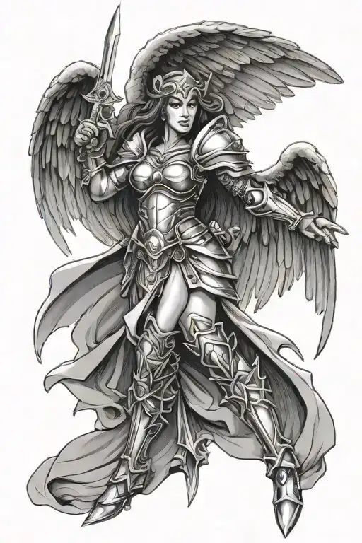 female armored warrior angel tattoo design idea