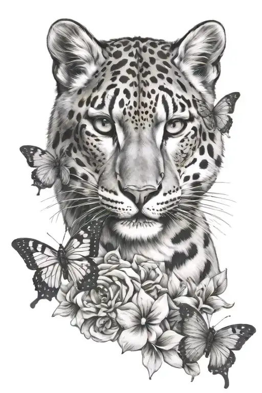 snow leopard with butter fly with petunia tattoo design idea