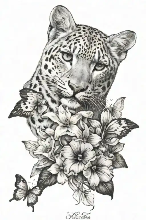 snow leopard with butter fly with petunia tattoo design idea