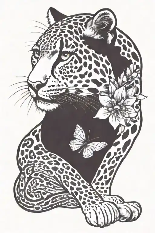 snow leopard with butter fly with petunia tattoo design idea