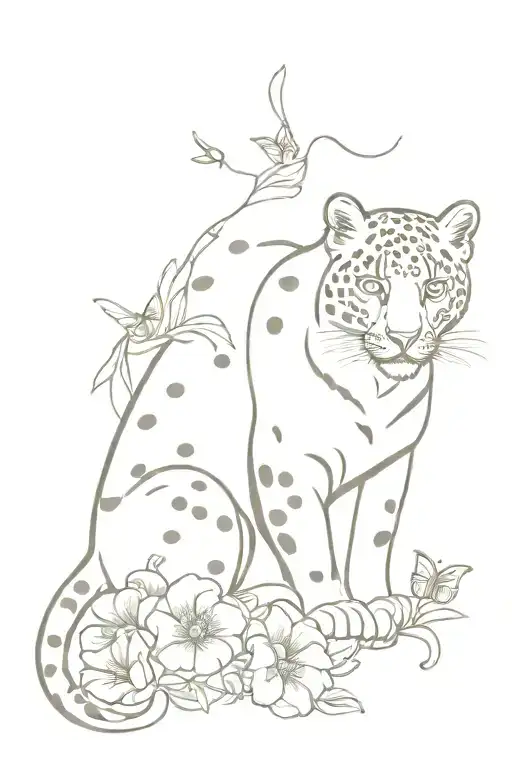 snow leopard with butter fly with petunia tattoo design idea