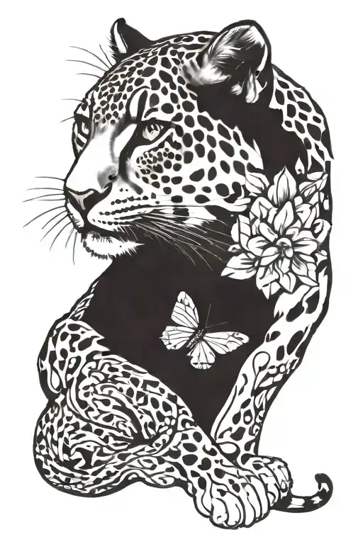 snow leopard with butter fly with petunia tattoo design idea