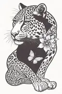 snow leopard with butter fly with petunia tattoo design idea