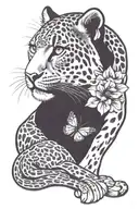 snow leopard with butter fly with petunia tattoo design idea