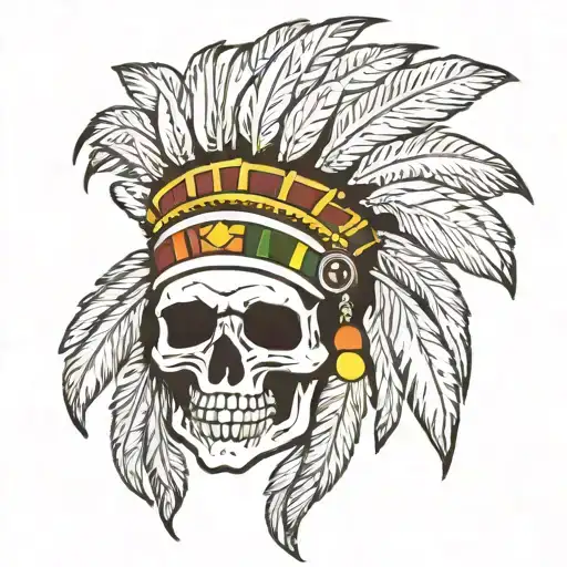 Rasta skull wearing Indian head dress tattoo design idea