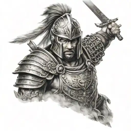 Portrait of a fierce warrior with elements of both Spartan and samurai armor tattoo design idea