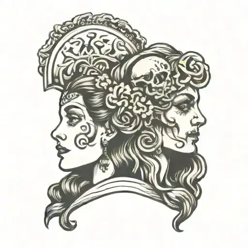 janus woman head and skull tattoo design idea