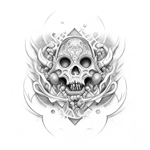 cranio de bode vestindo terno dançando valsa com lilith, preto e branco, cabelos e olhos vermelhos, lua de sangue tattoo design idea