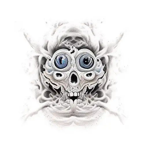 cranio de bode vestindo terno dançando valsa com lilith, preto e branco, cabelos e olhos vermelhos, lua de sangue tattoo design idea