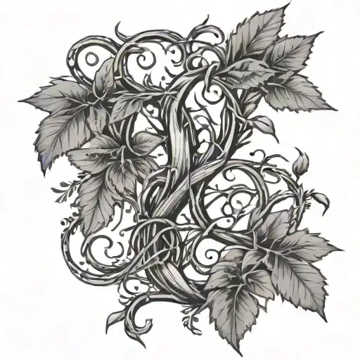 Tree vines and spikes with 5 names written as the vines tattoo design idea