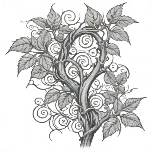 spiraling tree vines and thorns with 5 names written on the vines tattoo design idea