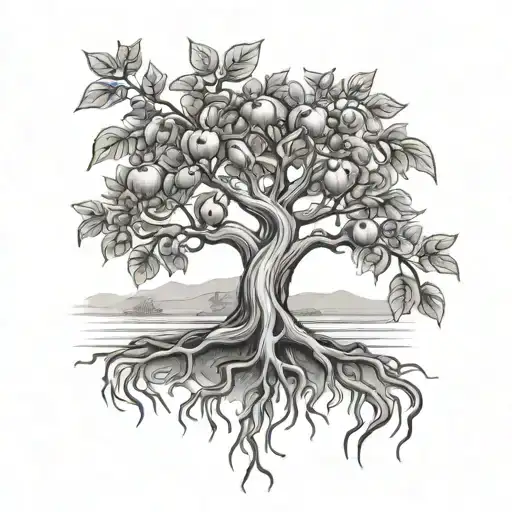 A black-grey tattoo of an apple tree with intricate roots, showcasing the client's appreciation for fruit trees and their connection to the earth tattoo design idea