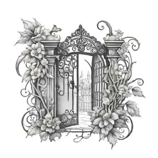 A black and grey tattoo of a mystical garden gate with vines and flowers, symbolizing the entrance to a world of possibilities tattoo design idea