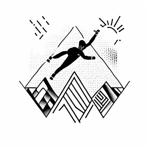 a man climbing and a man diving. thin lines minimalista. black and white tattoo design idea