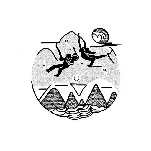 a man climbing and a man diving. thin lines minimalista. black and white tattoo design idea
