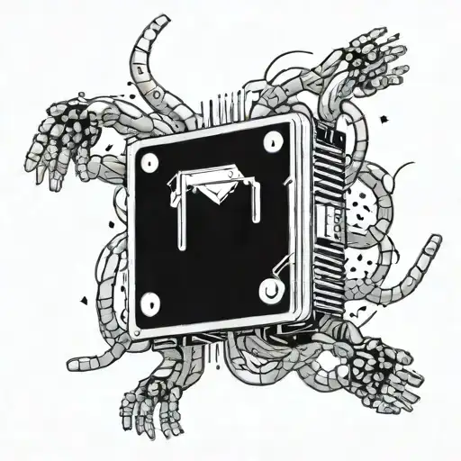 A CPU-chip with arms and legs Black and white. with sweat dripping and out of breath as if it had just finished a run tattoo design idea