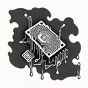A CPU-chip with sweat dripping. Black and white drawing tattoo design idea