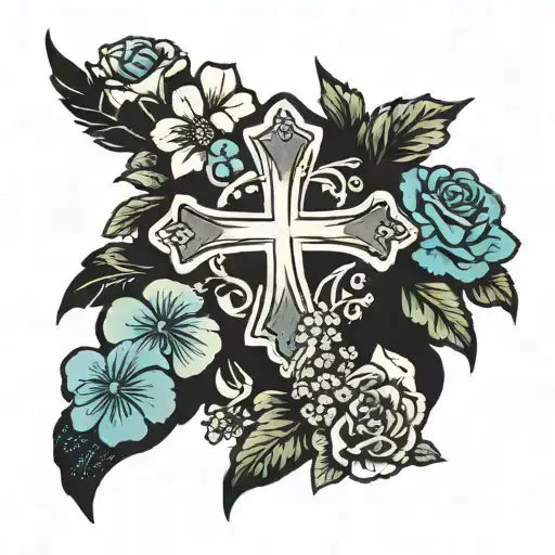 rustic cross with flowers at the bottom tattoo design idea