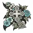 rustic cross with flowers at the bottom tattoo design idea