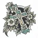 rustic cross with flowers at the bottom tattoo design idea