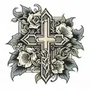 rustic cross with flowers at the bottom tattoo design idea