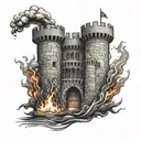 A medieval castle engulfed in flames, symbolizing the rise and fall of empires tattoo design idea