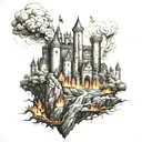 A medieval castle engulfed in flames, symbolizing the rise and fall of empires tattoo design idea