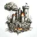 A medieval castle engulfed in flames, symbolizing the rise and fall of empires tattoo design idea