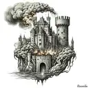 A medieval castle engulfed in flames, symbolizing the rise and fall of empires tattoo design idea