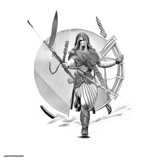 female Greek warrior driving chariot through waves  tattoo design idea
