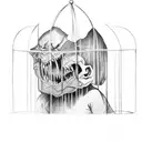 a child in a cage, who is being devoured by demons outside tattoo design idea