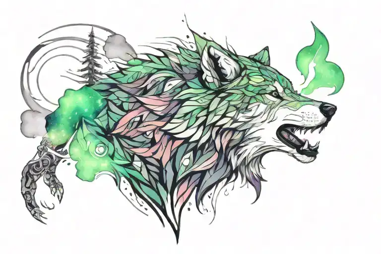 Timberwolf howling with the northern lights coming out of his mouth, going up into the majestic mountains in the mist an tattoo design idea