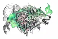 Timberwolf howling with the northern lights coming out of his mouth, going up into the majestic mountains in the mist an tattoo design idea