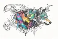 Timberwolf howling with the northern lights coming out of his mouth, going up into the majestic mountains in the mist an tattoo design idea