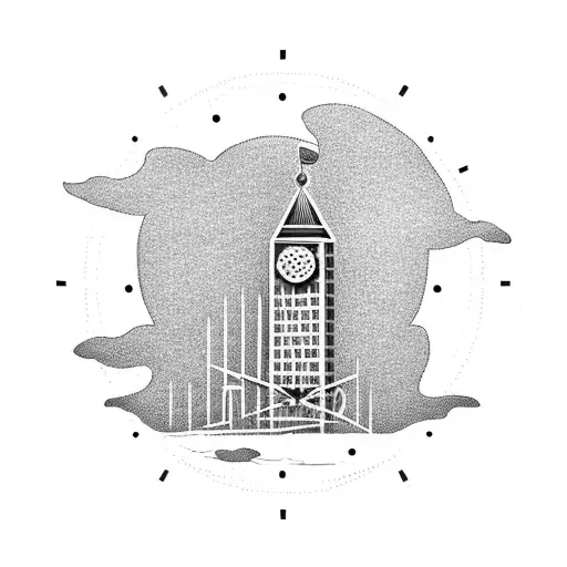 A dotwork tattoo of a corporate building with a sun-shaped clock tower, symbolizing the balance between work and passion tattoo design idea