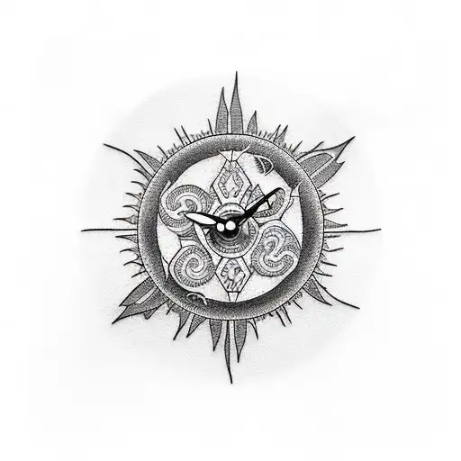 A dotwork tattoo of a corporate building with a sun-shaped clock tower, symbolizing the balance between work and passion tattoo design idea