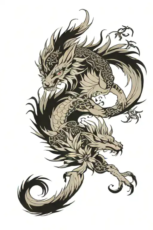 Arm tattoo, nine-tailed fox, spider lilies, Japanese style tattoo design idea