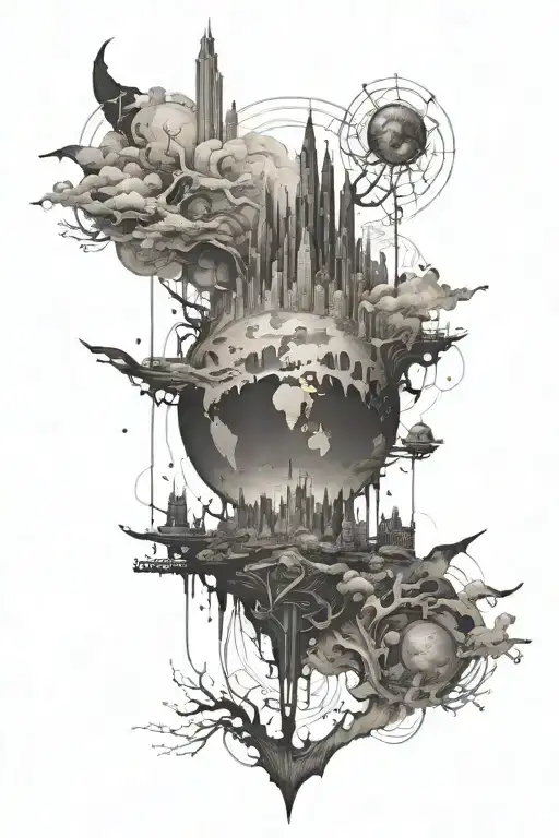 a magnificent looking world as a background tattoo design idea