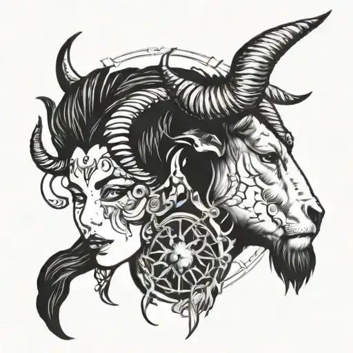 half taurus(bull) in left side of face and capricorn (goat) in right side of face bckground is seraphim angel and cobweb tattoo design idea
