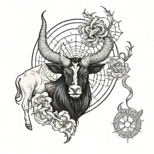 half taurus(bull) in left side and capricorn (goat) in right side. background is seraphim angel and cobweb tattoo design idea