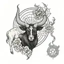 half taurus(bull) in left side and capricorn (goat) in right side. background is seraphim angel and cobweb tattoo design idea